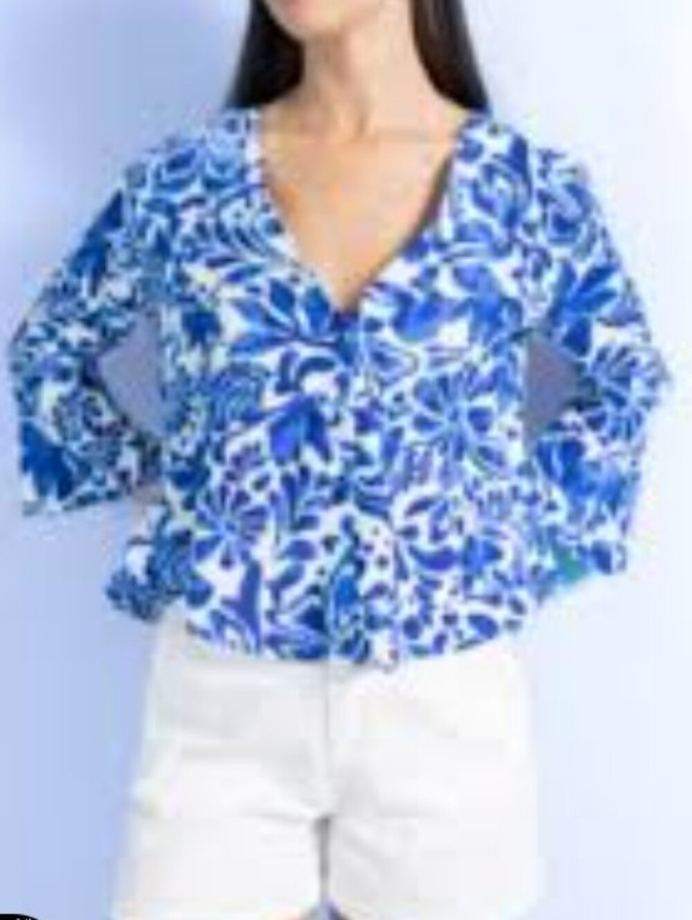 Blue Floral V-Neck Blouse with Long Sleeves